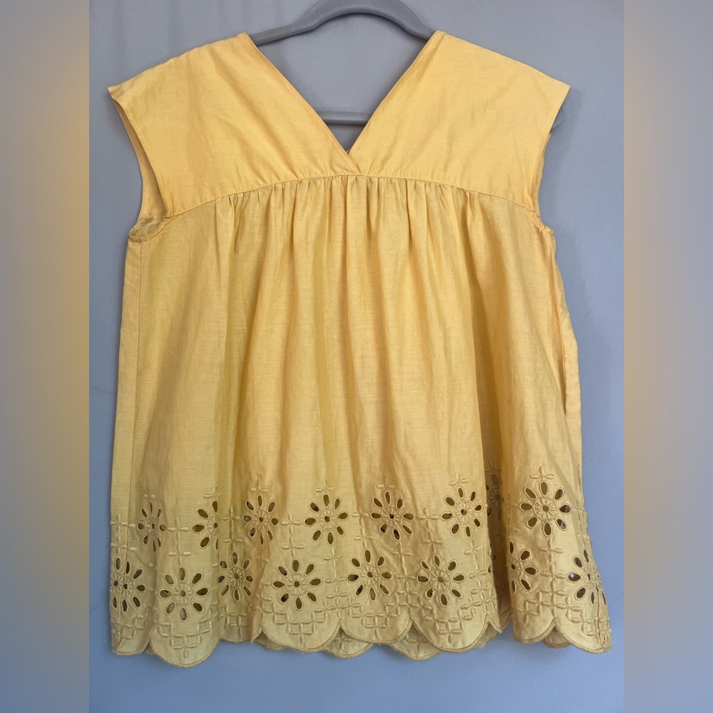 Uniqlo Mustard Sleeveless V Neck Blouse with Eyelet Scallop Hem